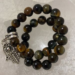 GENUINE TIGERS EYE BEADED BRACELET WITH HAMSA CHARM, STRETCH CORD